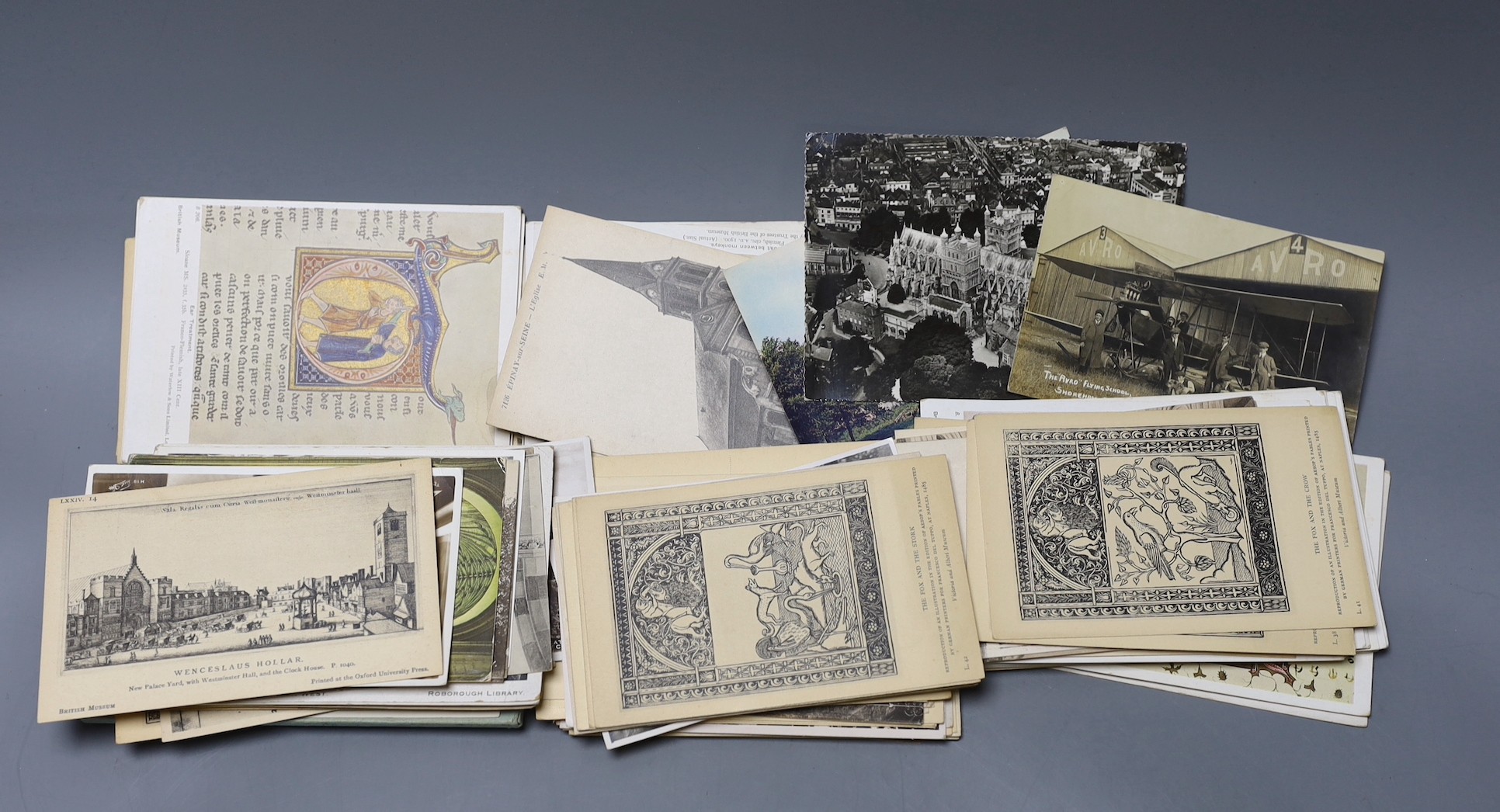 A collection of 20th century and later postcards including bi-plane, The British Museum, Sussex and others.